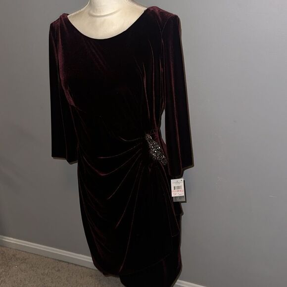 🌸HP🌸ALEX EVENINGS Stretch Velvet Ruched Petite Dress with Beaded Hip! - Picture 7 of 13